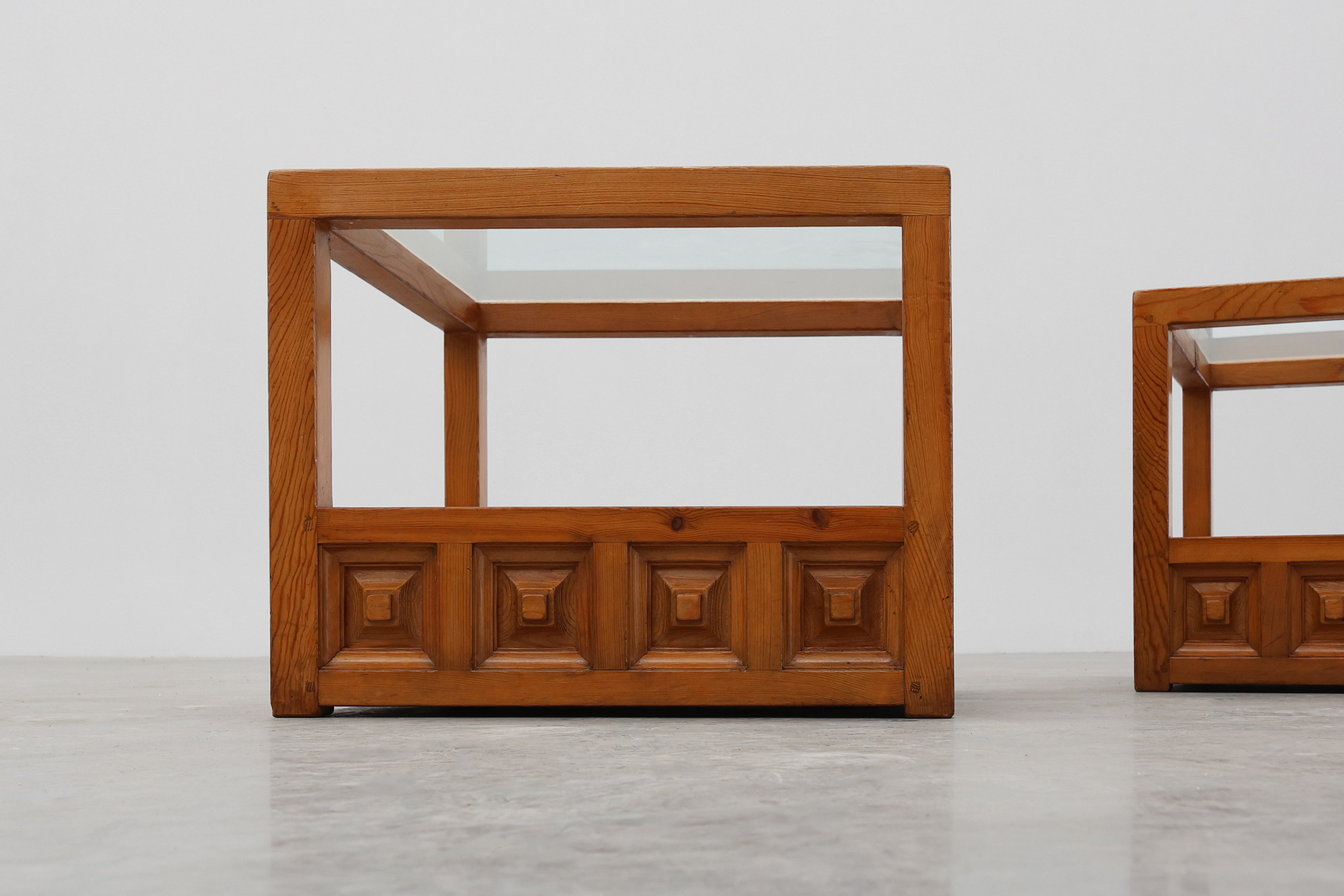 Pair geographical designed square Biosca coffee tables in pine wood, Spain 1960sthumbnail